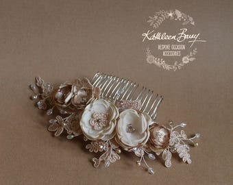 Floral Cafe Latte Lace Bridal Hair Veil Comb, Luxury handmade Flowers, Crystals & Pearls Wedding Accessories STYLE: Linda