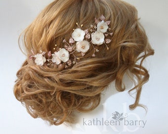 Bridal flower hairpiece, leaf wreath, Ivory champagne blush pink rose gold wedding hair accessories vine handmade STYLE: Stacey