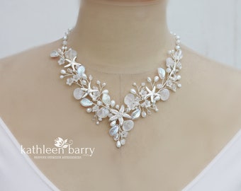 Beach theme statement wedding necklace starfish and shells bridal jewelry - Rose gold, gold or silver