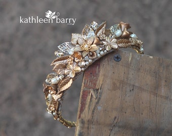 Golden bronze wedding crown bridal tiara fleaf and flower botanical rhineston and pearl STYLE: Amy