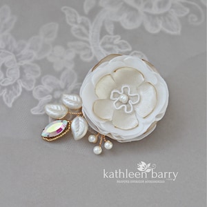 Dainty fabric flower hair clip - wedding bridal hair accessories - custom colors to order Ivory and gold STYLE: Genevieve