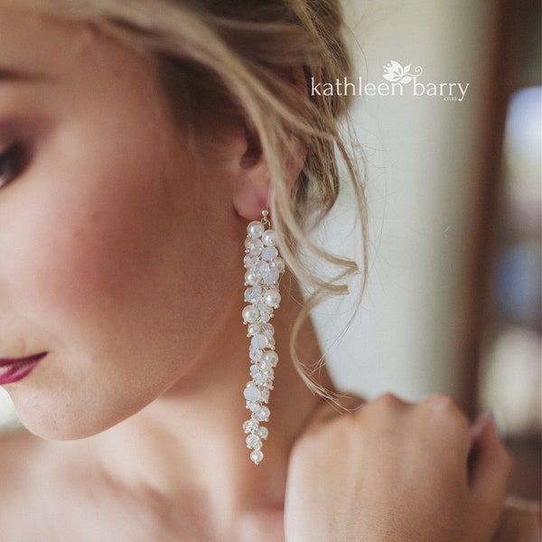 Bridal Crystal Pearl Earrings - Cluster Long Drop Statement Crystal & Pearl Wedding Earrings STYLE: Lara