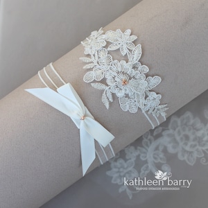 Heirloom bridal lace garter set (or individually) - Pale ivory bridal lace with rose gold, gold or silver color options STYLE: Shayna