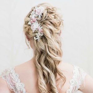 Bridal Lace hairpiece pink flowers wedding hair accessories Chantilly lace color options available STYLE: Kathryn image 1