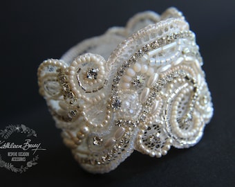 Rhinestone Cuff Lace Bracelet - pearl crystal embellished- wedding cuff - bridal accessories
