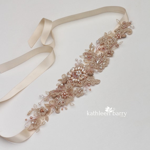 Rose Gold Blush Bridal Sash Belt - Wedding Dress Accessory  display picture 3