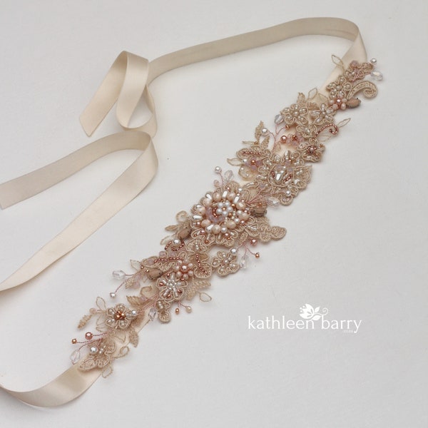 Rose Gold Blush Bridal sash belt - wedding dress accessory with Lace detailing STYLE: Lydia