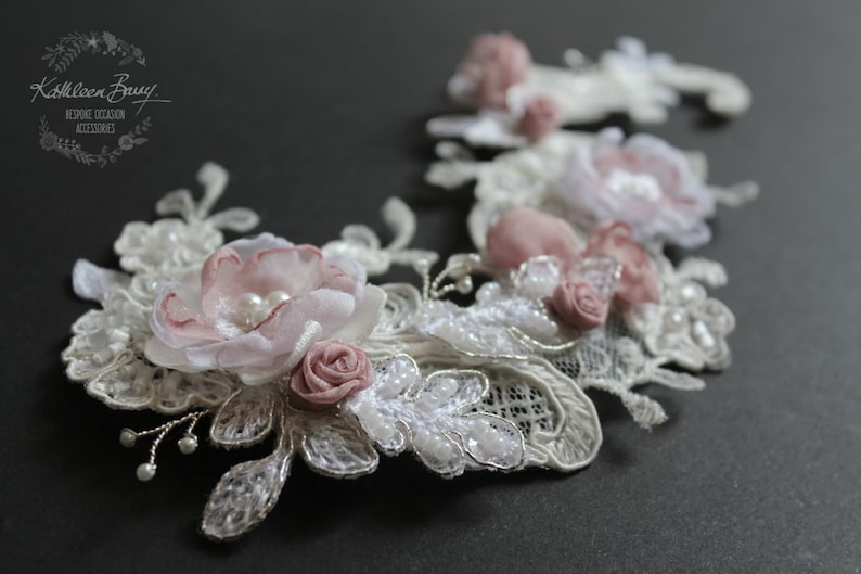 Bridal Lace hairpiece pink flowers wedding hair accessories Chantilly lace color options available STYLE: Kathryn image 2