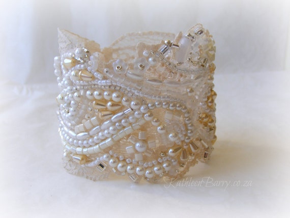 Lace cuff bracelet - bridal wedding lace cuff crystal and pearl