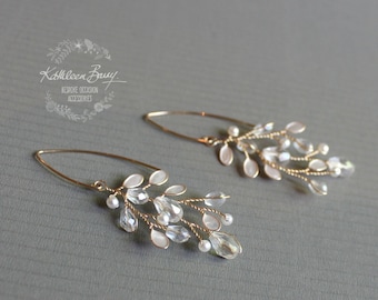Leaf Chandelier Earrings Pearl enamel inlay with Crystals Pearls, gold or silver detailing - gold. STYLE: Sarah Faye