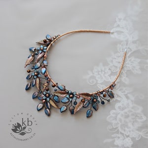 Etherial bronze wedding crown tiara style floral leaf crown tones of warm rose gold and Navy blue - color options available STYLE: Sandz
