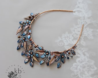 Etherial bronze wedding crown tiara style floral leaf crown tones of warm rose gold and Navy blue - color options available STYLE: Sandz