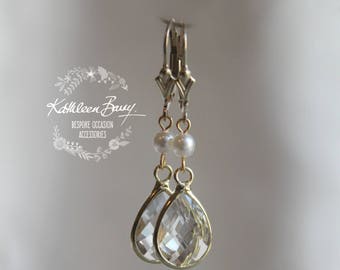 Faceted Crystal & Pearl Drop Earrings - Gold or Silver finish Options Available Wedding Accessories STYLE: Vanessa