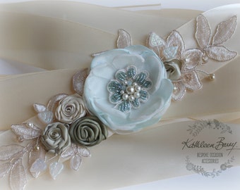 Bridal Sash Wedding dress belt floral lace dress sash champagne green mint turquoise  STYLE: Braelin