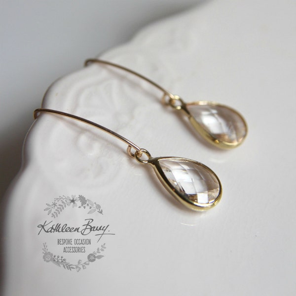 Crystal drop earrings long hooks - Bridal wedding earrings clear drops with elongated hooks STYLE: Elaine 14K gold filled