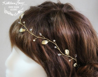 Golden Leaf Bridal Wreath - Crystal & or Pearl bridal crown - wedding headpiece - circlet - hair vine STYLE:Angelina