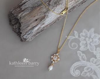 Filigree cubic zirconia and pearl pendent necklace on chain - Gold plated only Pearl color options available