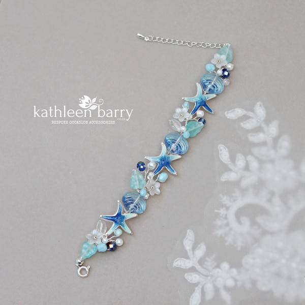Beach wedding bracelet Starfish shells flowers and leaves - custom colors available - Beach destination wedding jewelry STYLE: Tevin