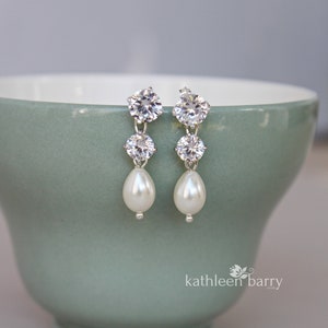 Cubic zirconia pearl drop earrings - Sterling silver wedding bridal earrings three length options, wedding earrings STYLE : Penelope