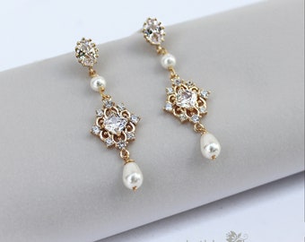 Gold finish filigree cubic zirconia and pearl chandelier earrings dainty wedding chandelier earrings - nickel free posts - STYLE: Lola