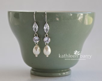 Cubic Zirconia ivory pearl drop earrings - wedding accessories - only available in silver / platinum finish STYLE: Katie