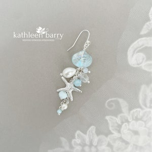 Starfish shell and pearl dangling earrings, beach theme wedding, assorted colors available -  wedding jewelery