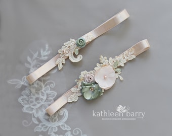 Heirloom bridal lace garter set of two -  Blush pink, sage green -  cutom colors to order STYLE: Pava