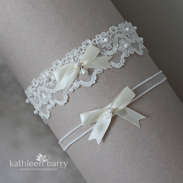 Wedding garter set limited edition heirloom lace and pearl Bridal accessories also sold individually ivory off white STYLE: Payten