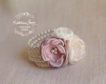 Pink flower corsage Cuff bracelet on pearls - Colors to order - Bride Bridesmaid Mother of Bride Groom gift STYLE: Berdean