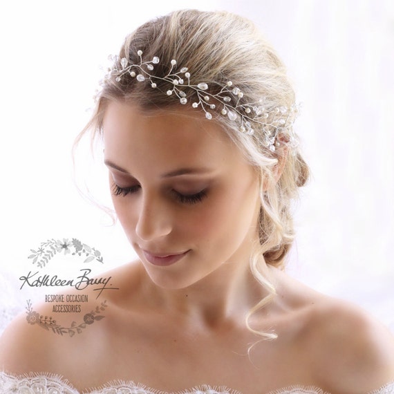 Bridal Hair Vine Wreath Crown Crystal & Pearl, Wedding Hair 