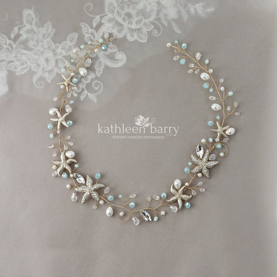 Bridal wreath Beach wedding, crown, circlet, assorted colors silver, gold, rose gold starfish - colors to order STYLE: Rhoda  turquoise