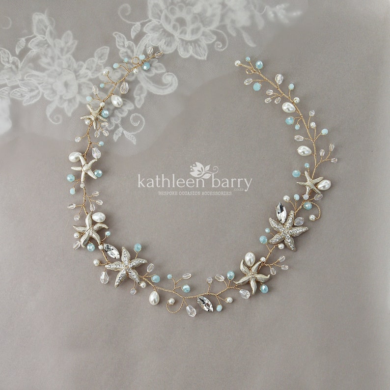 May include: Gold starfish and pearl hair vine with light blue beads.  kathleen barry BESPOKE OCCASION ACCESSORIES.