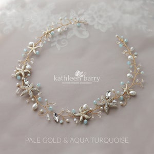 May include: A delicate gold and aqua turquoise bridal hair vine with starfish and pearl accents. The vine is perfect for a beach wedding or a bohemian style.