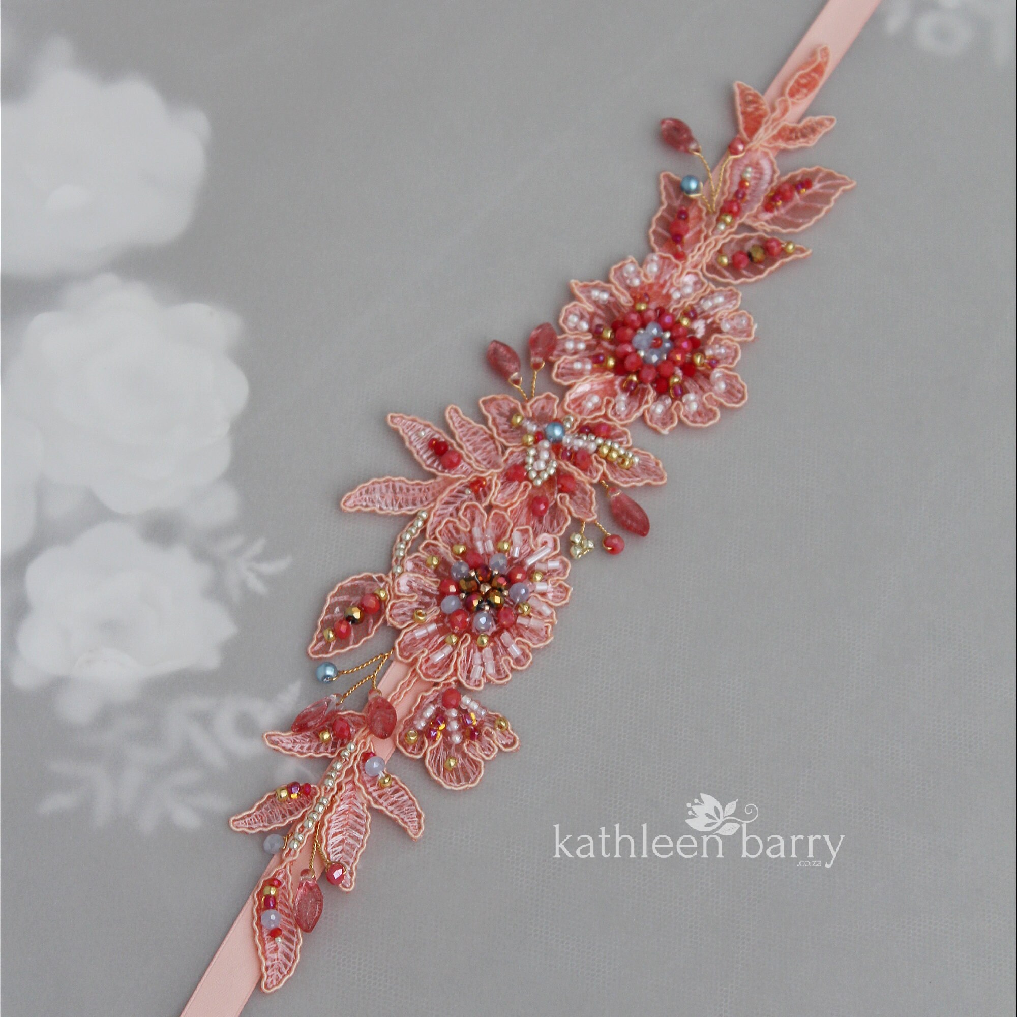 Beaded Lace Wedding Dress Belt, Shades of Coral - Custom  display picture 1