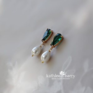 Emerald green or clear cut glass and gold pearl drop earrings - only available in gold limited edition
