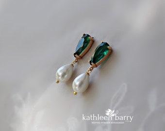 Emerald green cut glass and gold pearl drop earrings - only available in gold limited edition