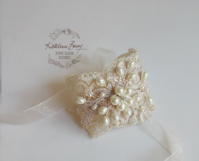 Lace pearl cuff bracelet wrist corsage bridal wedding accessories jewelry ivory cream STYLE: Diane image 4