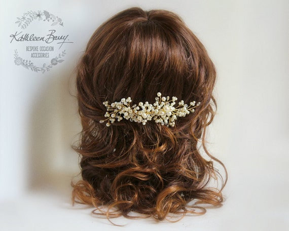 Bridal Pearl Spray Cluster Crystal Hair Comb in Gold, Silver  display picture 1