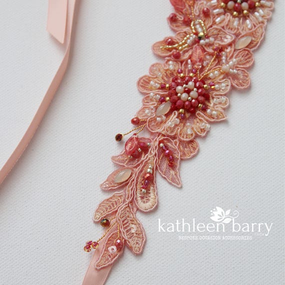 Beaded Lace Wedding Dress Belt, Shades of Coral - Custom 
