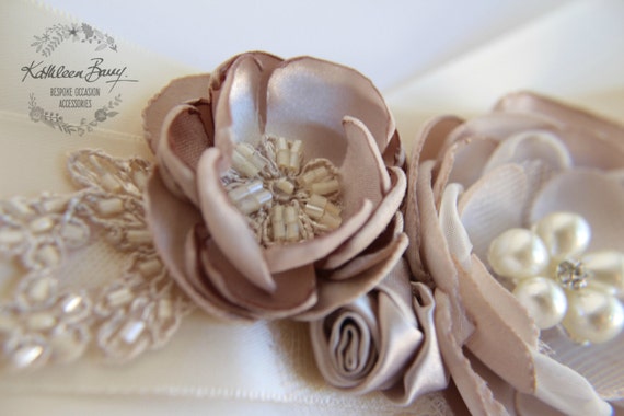 Satin & Pearl Ribbon Cake Decoration, Wrap, Sash. Cream, Gold, Natural.  Wedding