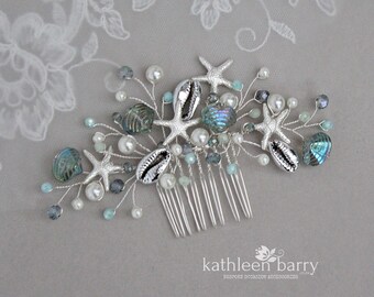 Starfish & shell Crystal and Pearl Bridal hair comb beach wedding theme sea star in sea glass shades - Color and finish options available