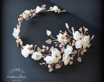 Rose Gold Bridal Hair Wreath Headband Crown Handmade Fabric Floral Wedding Hair Accessory Ivory STYLE: Wendy