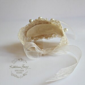 Lace pearl cuff bracelet wrist corsage bridal wedding accessories jewelry ivory cream STYLE: Diane image 3