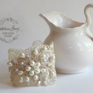 Lace pearl cuff bracelet wrist corsage bridal wedding accessories jewelry ivory cream STYLE: Diane image 2