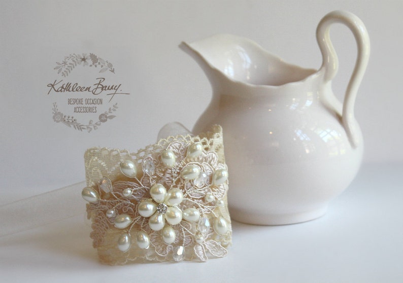 Lace pearl cuff bracelet wrist corsage bridal wedding accessories jewelry ivory cream STYLE: Diane image 2