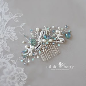 Starfish & shell Crystal and Pearl Bridal hair comb beach wedding theme sea star in sea glass shades - Color and finish options available