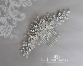 Flower and leaf organic crystal, Pearl & Rhinestone wedding hair Comb - Gold, silver or rose gold accent color options available STYLE: Aida