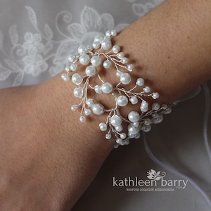 Pearl cuff bracelet, modern wrist corsage wedding or Prom jewellery, gold silver or rose gold STYLE : Annastayja
