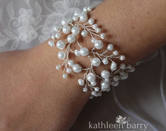 Pearl cuff bracelet, modern wrist corsage wedding or Prom jewellery, gold silver or rose gold STYLE : Annastayja