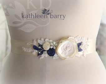 Wedding dress sash belt - floral with lace - ivory and cream STYLE: Emma